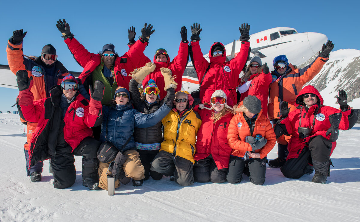 Guests celebrate as they prepare to depart Union Glacier Camp and fly to the South Pole