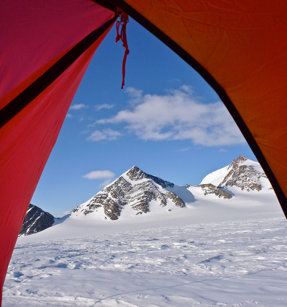 View of Pyramid Peaks from field camp on Larson Glacier