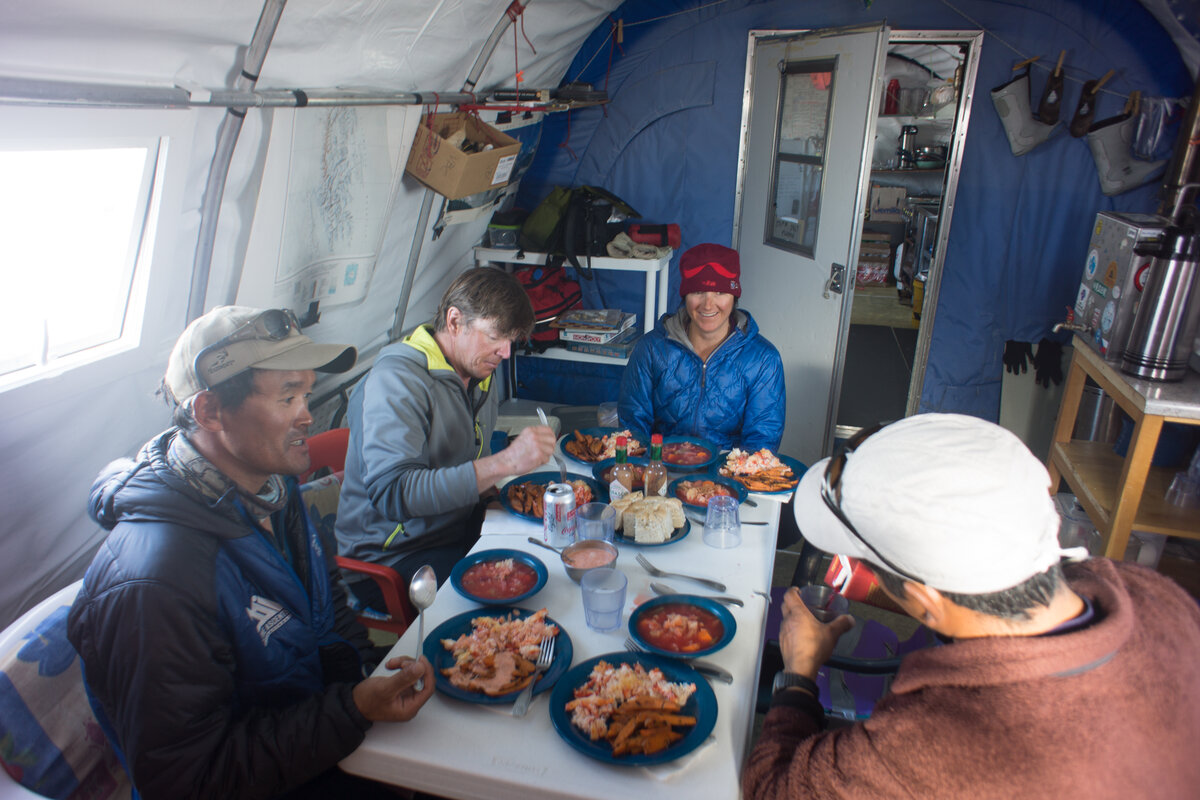 ALE guides and guests enjoy dinner at Vinson Base Camp