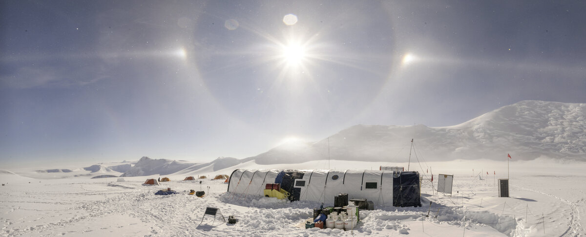 Parhelia (sundogs) above ALE's Vinson Base Camp dining tent