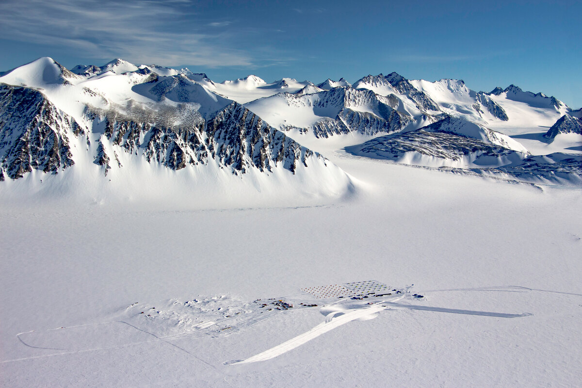 Aerial view of Union Glacier Camp in Southern Ellsworth Mountains