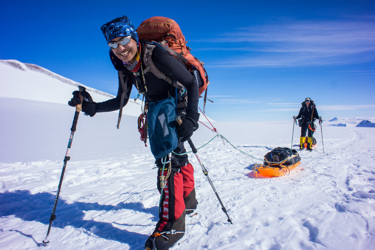 Pulling sleds up the Branscomb Glacier towards Low Camp