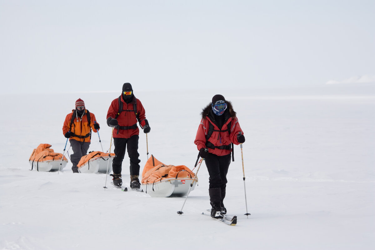 Ski expedition team pull their sleds over a white landscape