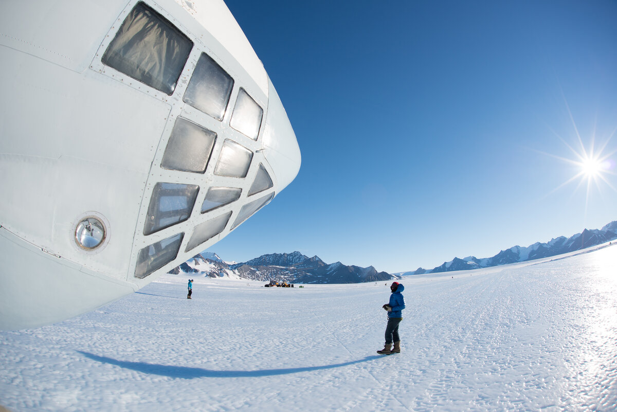 Ilyushin's navigator bubble overlooks the blue-ice runway on Union Glacier
